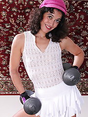 Athletic brunette Echo from AllOver30 doing some naked stretching