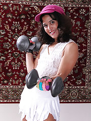 Athletic brunette Echo from AllOver30 doing some naked stretching