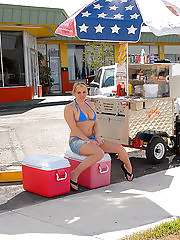 Bangin big tis milf selling hot dongs in her bikini gets her box pounded hard then face creamed