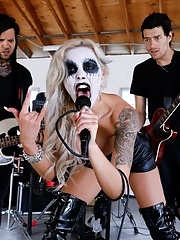 Body painted Nina Elle with huge bosoms rides dick white other one deepthroats her