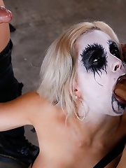 Body painted Nina Elle with huge bosoms rides dick white other one deepthroats her