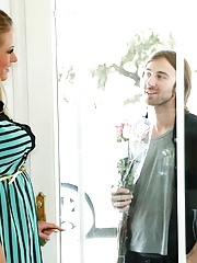 Crazy cock whore blonde Holly Heart deep throats a big dick in black stockings