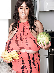 Exotic mature shows giant hooters with hard nipples while masturbating her horny pussy