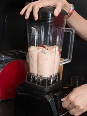 Mature Ananda Ray with natural tits makes milkshake and reveals her hairy muff