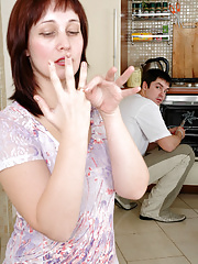 Mature teasing a guy with her upskirt look getting packed in the kitchen