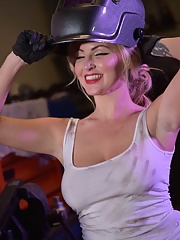 Sexy mature Georgie Lyal in mechanic uniform gets hard fucked