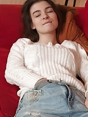 Taffy strips naked on her new red couch