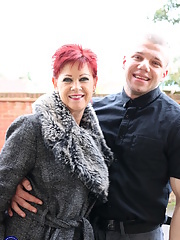 Tattooed redhead granny Sensual Caroline gets her mouth full of warm load