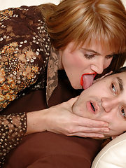 Lascivious mature chick teasing a horny guy with her open mouth and pussy