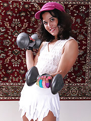 Athletic brunette Echo from AllOver30 doing some naked stretching